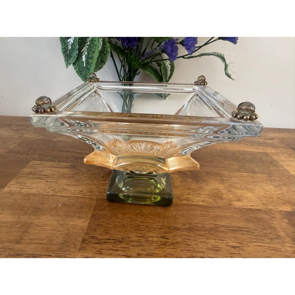 Vintage Art Deco Glass Centrepiece Bowl Green Pedestal Jeweled Corners Decor